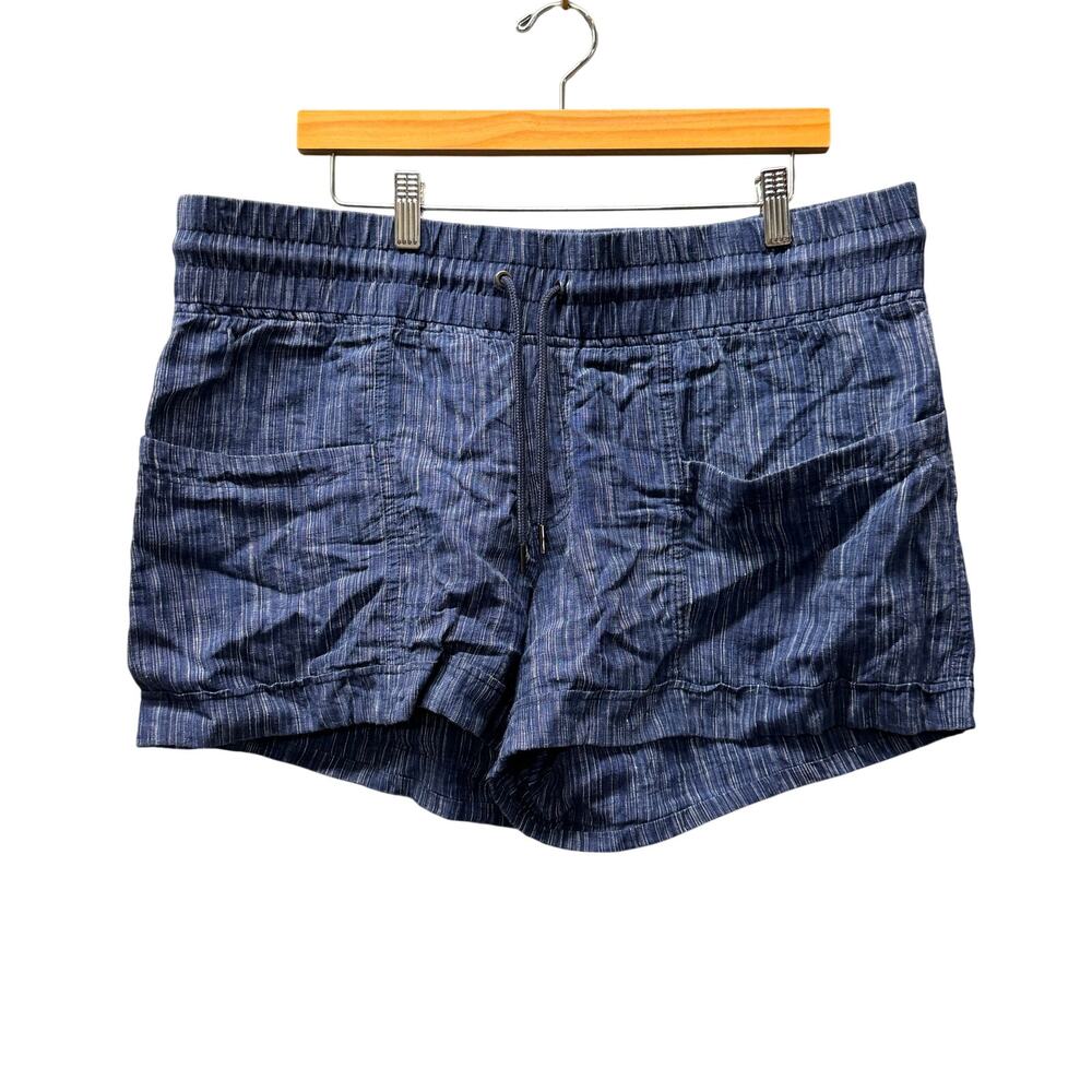 Athleta Cabo Linen Shorts Blue Textured‎ Coastal Drawstring Waist Womens 16